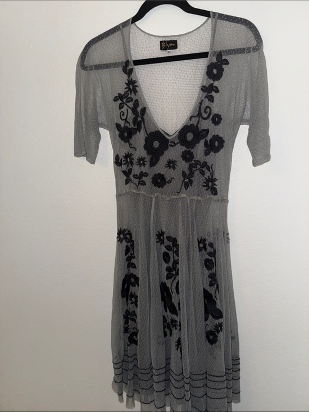 Biya Silver-Gray Mesh Midi Dress with Embroidered Floral Design & Slip Liner S